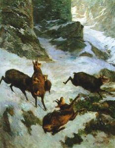 Fluchtiges Gamsrudl In Hochgebirge by Franz Xaver von Pausinger