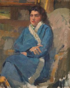 Portrait Of The Artist's Daughter In A Blue Dressing Gown by Elie Anatole Pavil
