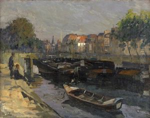 By The Canal Saint Martin In Paris by Elie Anatole Pavil