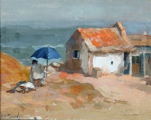 A Gentleman Painting Beneath A Parasol On The Beach A Gentleman Painting Beneath A Parasol On The Beach