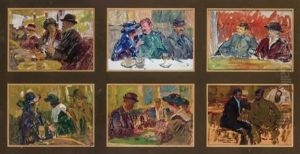 Parlor Scenes (6 Works Framed Together) by Elie Anatole Pavil