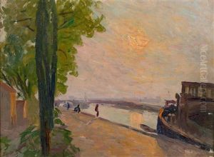 Bord De Canal Au Soleil Couchant by Elie Anatole Pavil
