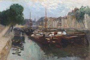 Barges On The Canal Saint-martin, Paris by Elie Anatole Pavil
