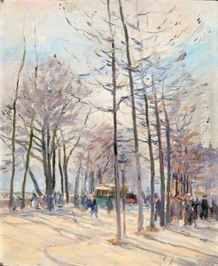 Quai Anime Borde D'arbres Au Bord De La Seine by Elie Anatole Pavil