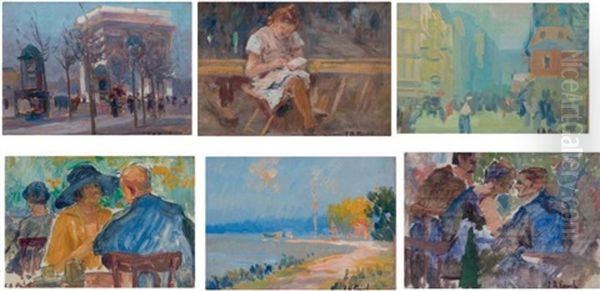 Vue De L'arc De Triomphe A Paris, Vue Urbaine, Vue D'un Bord De Riviere Et Trois Etudes De Personnages (6 Works) - view 1