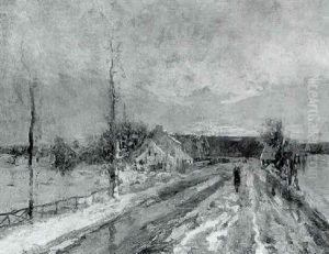 Coucher De Soleil Sur La Route Enneigee by Elie Anatole Pavil