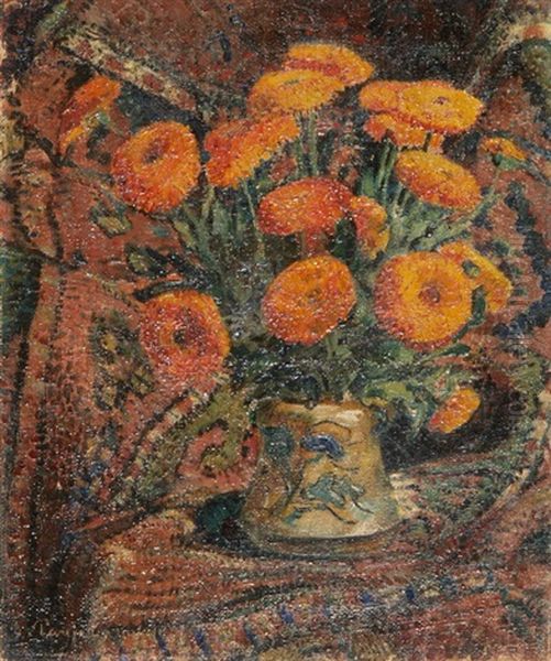 Strauss Mit Gelben Tagetes In Einer Bunten Porzellanvase - view 1