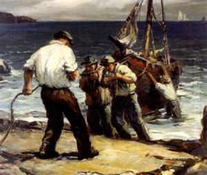 Fishermen Hauling Their Boat, The Coast Of Maine by Vladimir Pavlosky
