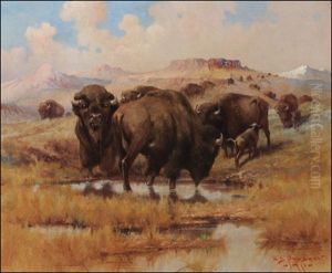 Buffalo At A Watering Hole by Edgar Samuel Paxson