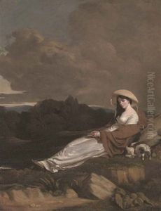 Portrait Of A Lady In A White Dress And Brown Shawl Holding A Book, Reclining In A Landscape, A Dog By Her Side by Richard Morton Paye