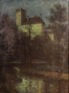 Evening Lights Along River by Ernst Payer