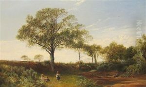 A Tranquil Landscape With Children Playing On A River Bank