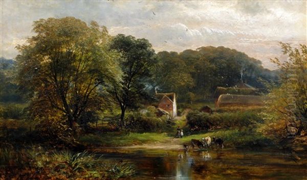 Figure And Cattle By A River By A Farm And Hamlet In A River Valley - view 1