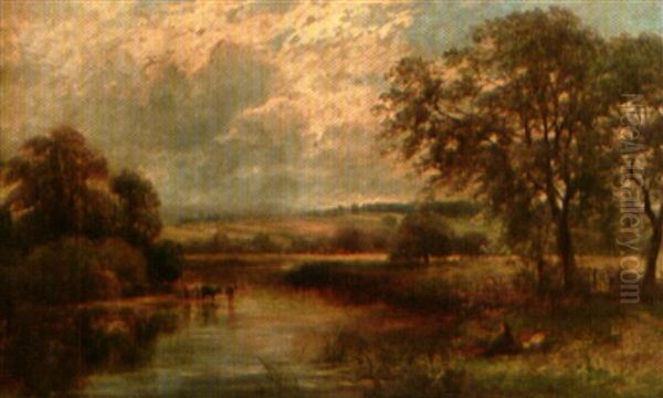River Scene With Cattle Watering And Fisherman In The Foreground - view 1
