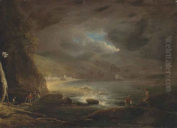 A Coastal Landscape With Figures Preparing Their Nets On The Shore, A Town Beyond - view 1