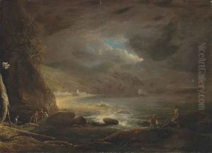 A Coastal Landscape With Figures Preparing Their Nets On The Shore, A Town Beyond by William Payne