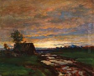 Sunset Over A Russian Farm House by Vladimir Nikolaewitsch Pchelin