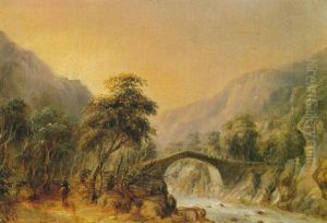 Imagined Landscape With Stone Bridge And Blue Mountains by George Edwards Peacock