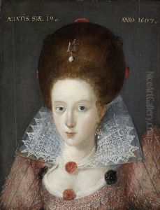 Portrait Of A Lady, Bust-length, In A Red Embroidered Dress And Lace Collar Portrait Of A Lady, Bust-length, In A Red Embroidered Dress And Lace Collar
