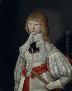 Portrait Of The Hon. Amias Poulett Wearing A White Jacket With Slashed Puff Sleeves And Red Ribbon Belts by Robert Peake