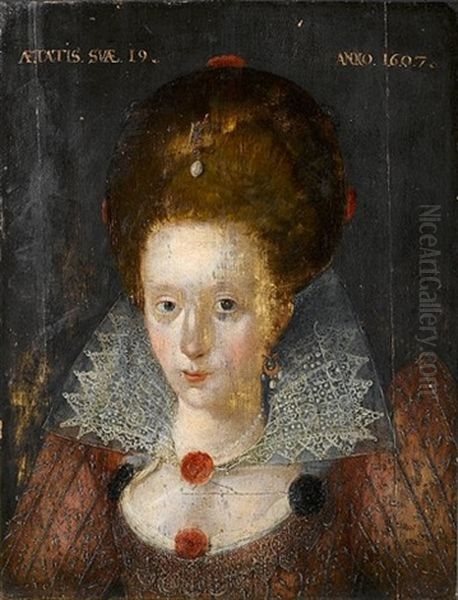 Portrait Of A Young Lady, Aged 19, Bust-length, In A Crimson Embroidered Dress With A White Lace Collar And Pearl Earrings - view 1
