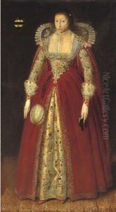 Portrait Of A Lady,(lady Style?) In A Red Dress With Elaborately Embroidered Under-skirt And Lace Collar And Cuffs, Holding A Prayer Book In Her Left Hand by Robert Peake