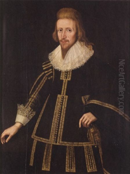Portrait Of A Gentleman Wearing A Black Doublet With Gold Trim And White Lace Ruff - view 1