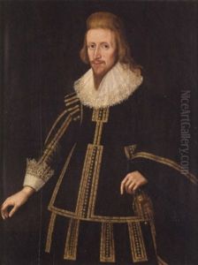 Portrait Of A Gentleman Wearing A Black Doublet With Gold Trim And White Lace Ruff