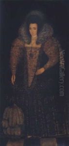 Portrait Of A Lady (elizabeth Throckmorton, Lady Of Raleigh?) Wearing A Richly Embroidered Dress With Lace Ruff And Holding A Fan by Robert Peake