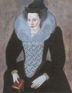Portrait Of A Lady In A Black Dress, A White Embroidered Bodice And Ruff, Holding A Book In Her Right Hand by Robert Peake