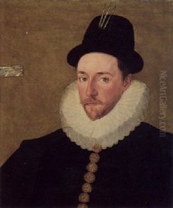 Portrait Of A Gentleman, (sir Francis Drake?) Wearing A Black Tunic And Hat And A White Ruff by Robert Peake