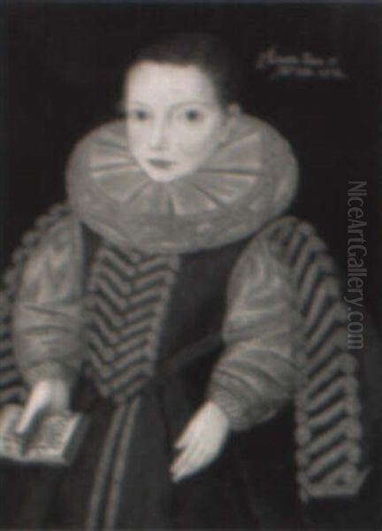 Portrait Of A Boy, In Green Dress With Yellow Trim...holding A Book - view 1