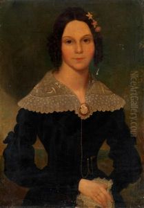 Portrait Of A Young Lady, In A Black Dress With A White Lace Blouse, A Blue Sky Beyond