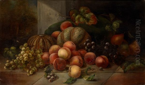 Peaches, Melons, Grapes And Pears On A Tiled Surface - view 1