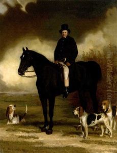 Portrait Of Arthur S. Brook, Master Of The Bexhill Harriers, Small Full-length, Seated On A Black Horse, With Three Harriers, And A Distant View Of The Coast by Pearce, Stephen