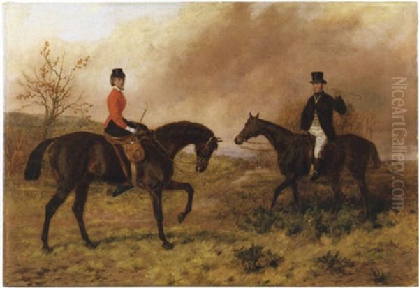 Sporting Landscape With Gentleman And Lady In Hunt Attire On Horseback, With Other Riders Along A Country Road - view 1
