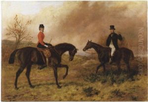 Sporting Landscape With Gentleman And Lady In Hunt Attire On Horseback, With Other Riders Along A Country Road by Pearce, Stephen