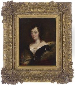 Portrait Of A Lady Seated In A Black Dress With White Collar And Pearls In Her Hair