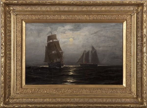 Moonlight Scene Of A Ship And A Schooner At Sea - view 1