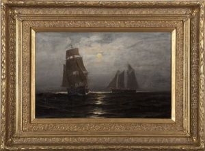 Moonlight Scene Of A Ship And A Schooner At Sea by Robert Pearson