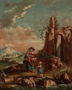 Landschaft Mit Antiken Ruinen, Frauen Mit Kinern Und Einem Rastenden Wanderer (+ Another, Similar; Pair) by Domenico Pecchio