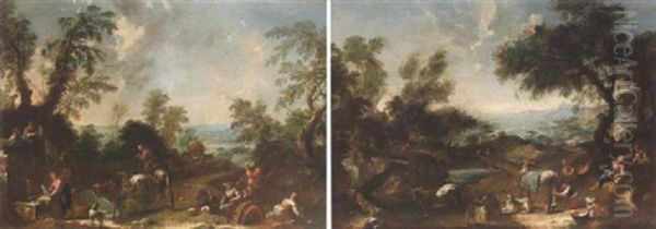 Washerwomen With Peasants Making Music, Amid Their Livestock, In A Wooded River Landscape - view 1