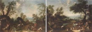 Washerwomen With Peasants Making Music, Amid Their Livestock, In A Wooded River Landscape by Domenico Pecchio