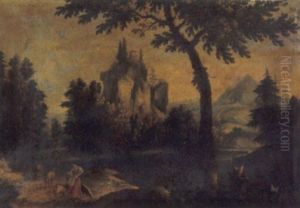 Paesaggio Fluviale D'invenzione Con Un Borgo Turrito Sopra Un Orrido Con Contadini E Armenti In Primo Piano by Domenico Pecchio