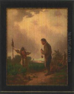 Peife Stopfender Bauer Vor Einer Vogelscheuche Im Kohlfeld by Heinrich Freiherr von Pechmann