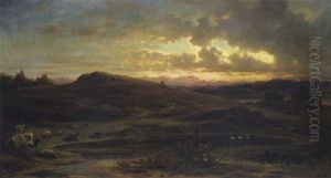 Gebirgslandschaft Bei Abendsonne Mit Hirten by Heinrich Freiherr von Pechmann