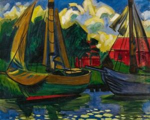 Zwei Kutter Im Hafen Von Leba by Max Pechstein