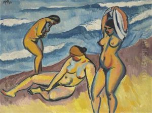 Drei Badende Frauen Am Meer by Max Pechstein