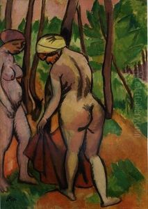 Zwei Akte Am Waldesrand (two Nudes In A Forest) by Max Pechstein