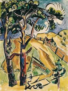 Landschaft Mit Baumen Und Fuhrwerk by Max Pechstein